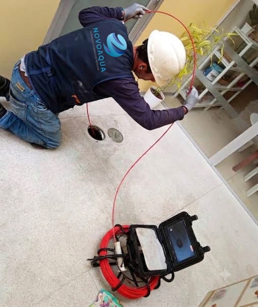 Técnico especialista Novoaqua introduciendo sonda de cámara CCTV en caja de registro